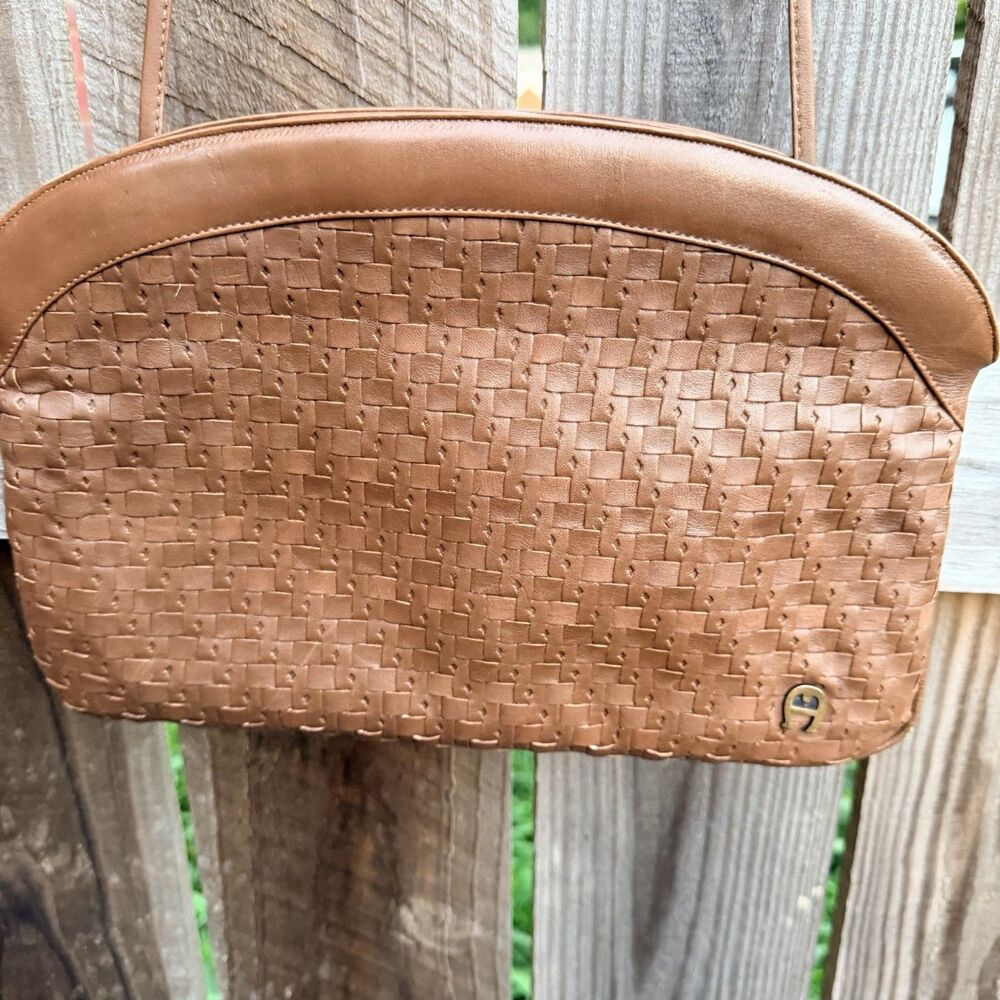 Vintage Etienne Aigner Leather Purse Herringbone Weave Taupe 11" x 7.5"
